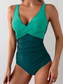 女士连体泳衣，收腹塑形，交叉露背V领显瘦泳装 - 蘋果綠 - 查看 4