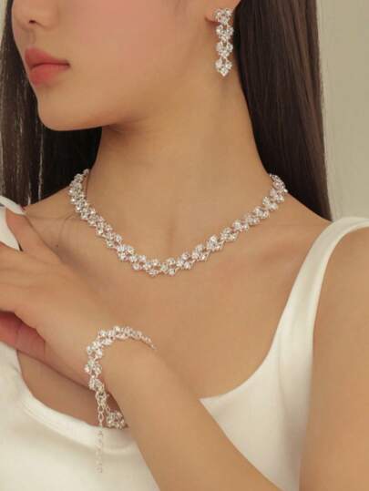 4-Piece Set Luxurious White Full Crystal Earrings, Necklace, Bracelet Jewelry For Women Wedding