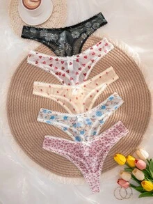 5er Pack Damen Höschen aus Baumwolle mit einfarbig, Frucht-, Leoparden- und Schleifen-Motiven, bequem - Verschiedenfarbig - Übersicht 4