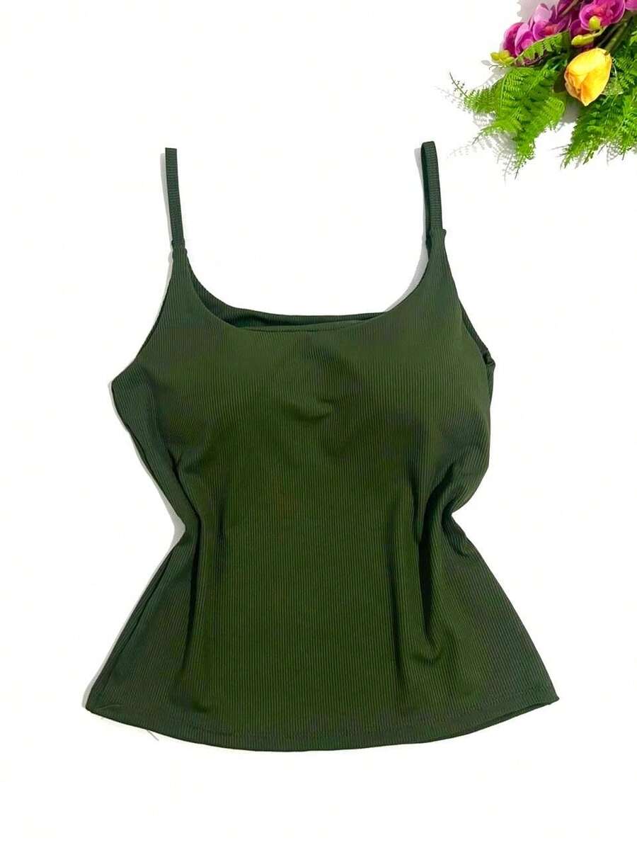 Women's Tank Top. Thin Strap With Padding, Flannel Ribbed Material - 綠色 - 查看 1