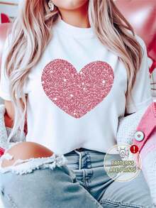 Camiseta Manga Corta Cuello Redondo Estampado Corazón Brillos Rosa Mujer - Blanco - Ver 1