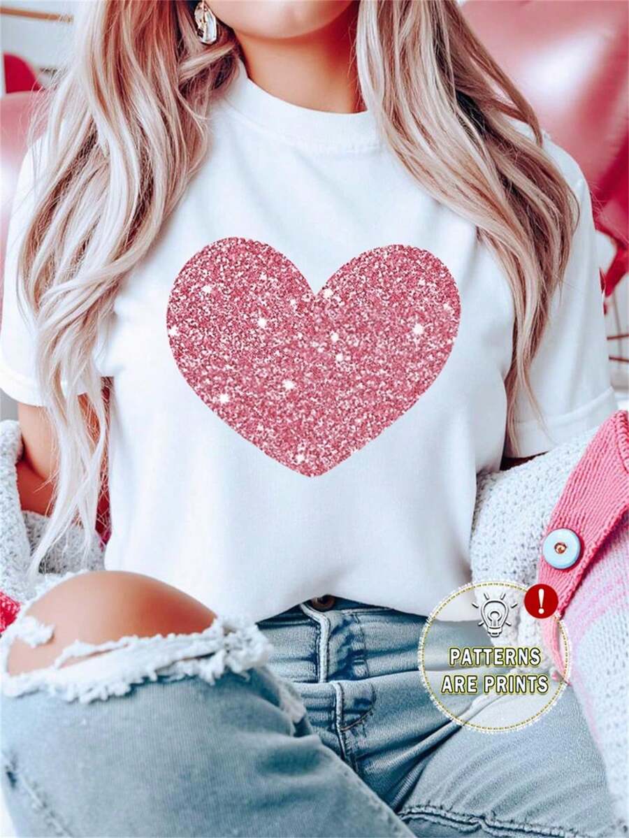 Camiseta Manga Corta Cuello Redondo Estampado Corazón Brillos Rosa Mujer - Blanco - Ver 1