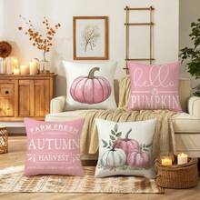 4 pezzi Federe con motivo zucca rosa, decorazione per interni ed esterni, motivo parabolico, federe per cuscini e coperte, federe autunnali stile fattoria, federe per cuscini da camera da letto e divano a tema Ringraziamento e raccolto, stampa su un lato, inserti per cuscini non inclusi - Rosa - Visualizzare 1