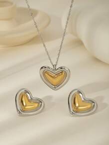 3 件欧美夸张不锈钢 18k 双色心形耳环和项链首饰套装，适合女性日常、节日、约会佩戴或送礼 - 雙色愛心 - 查看 1