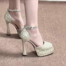 Mary Jane High Heels mit runder Spitze und wasserdichter Plateausohle und dickem, hohem Gitter