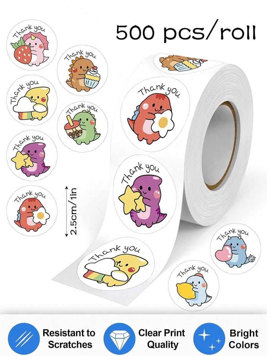500 piezas Pegatinas de agradecimiento con diseños de dinosaurios de dibujos animados - Sellos para envolver regalos, empaquetar repostería y decoración de sellado - Etiquetas de papel redondas de 1 pulgada con diseños divertidos, sellos de pegatina de PVC - Dinosaurio de dibujos animados Gracias - Ver 1