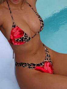 女士黑色芙蓉花泳装，适合夏季泳池、海滩等各种场合，简约优雅的花卉装饰比基尼沙滩度假套装 - 紅色 - 查看 2