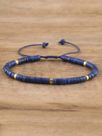 1pc Adjustable Braided Rope Bracelet With Natural Lapis Lazuli Beads, Minimalist Style, Suitable For Women, Daily Wear And Gift