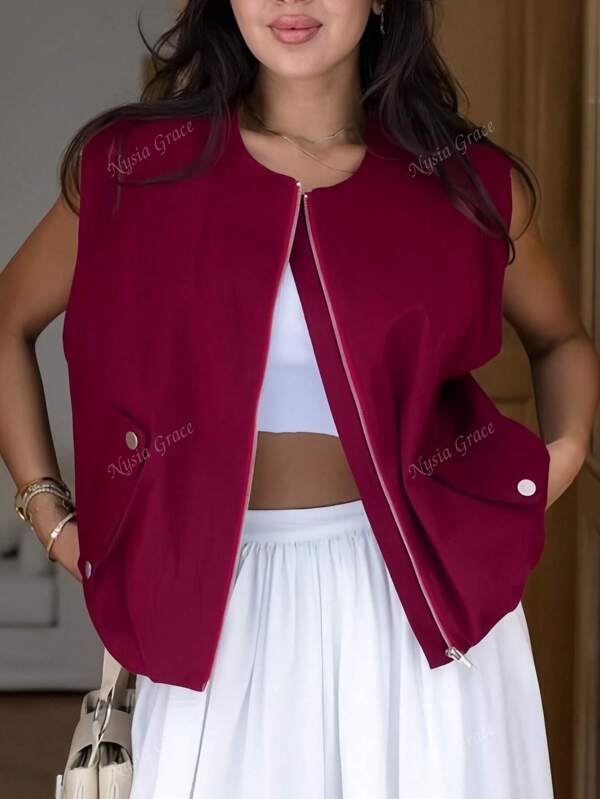Retro Red Back To School Vest Jacket, Zip-Up Cardigan, French Business Casual Fashion Bomber Vest, Can Be Worn Alone, Lined, Teacher's Versatile All-Match, Essential For Halloween, Christmas, Autumn/Winter