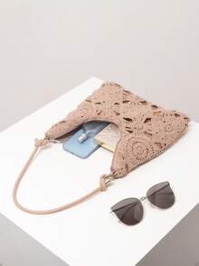 花卉镂空钩针编织单肩包、沙滩包、度假包、钩针套装、女士优雅包包、度假必备品、旅行必备品（图案随机） - 駝色 - 查看 6