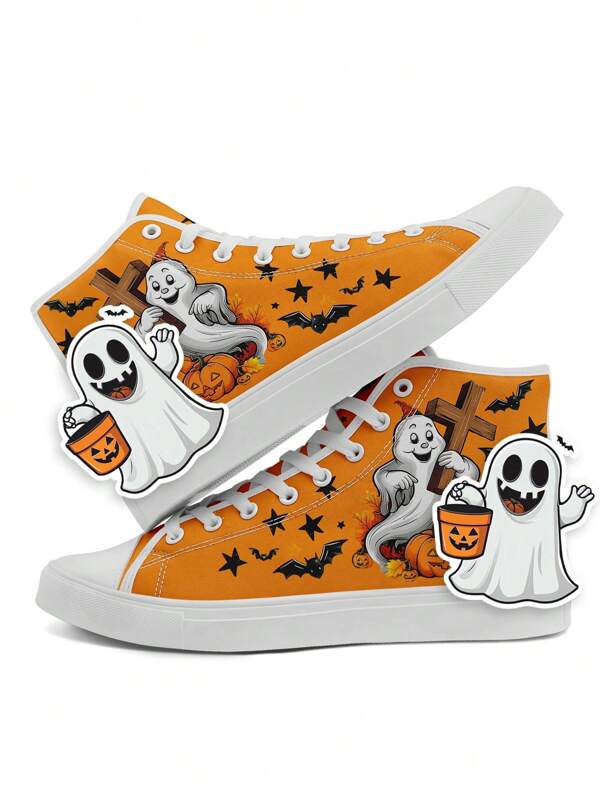 Women's Halloween High Top Sneakers With Cute Ghost Charm, Orange Boo Skeleton Pumpkin Bat Design, Trick Or Treat Casual Skate Shoes, Spooky & Comfortable All-Season Footwear, Halloween Shoes
