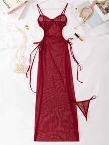 2 件套全新网状透明钢圈性感内衣套装，含镂空腰部、吊带背心和短裤 - 酒紅色 - 查看 7