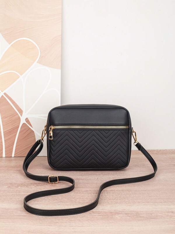 1pc Quilted Striped Crossbody Bag, Multi-Pocket Zipper Fashion Camera Bag, Adjustable Strap Women Daily Shoulder Bag, Versatile Small Square Bag Suitable For All Seasons