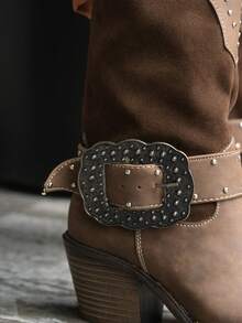 Botas vaqueras con hebilla western de media caña con remaches y bordado al frente 2 diferentes texturas tacón ancho y plataforma - Moka - Ver 8