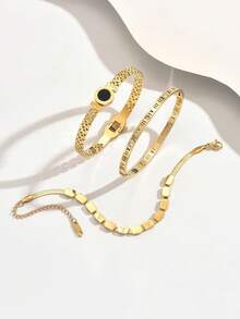 3pcs Elegant Gold Bracelet For Women, Fashionable Roman Time Bracelet, Vacuum Electroplating That Does Not Fade Easily, Bracelet Set, Bracelet Layering Set, Stainless Steel Bracelet Set,Woven Bracelet Stainless Steel Bracelet, Zirconia Bracelet, Nail Bracelet, Titanium Steel Bracelet, Stainless Steel Bracelets, Stainless Steel Bracelet Sets