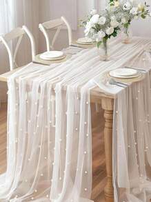 1 Peça Toalhas de Mesa Decorativas de Pérola Falsa, Bandeiras de Mesa; Decorações de Casamento com Tule Branco de Pérola - Decorações de Tule de Pérola DIY - Decorações de Arco de Casamento; Flutuadores de Cadeira; Decorações de Cortina de Quarto; Festas de Despedida de Solteira; Decorações de Festa Festiva, Decorações de Cenário de Evento, Natal, Decorações de Casamento Tecidos de Malha de Náilon Novos Tecidos de Malha Oca de Pérola Dia dos Namorados