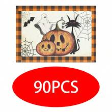 4 pièces Sets de table en lin imprimés d'éléments de citrouille, de diable et de crâne pour Halloween - Sets de table rectangulaires en lin tissé, à utiliser dans le salon, la cuisine, la table de café, la décoration de table de salle à manger