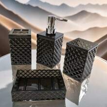 4 pezzi Set di accessori da bagno eleganti blu geometrici - Comprende dispenser per sapone, porta spazzolino, bicchiere per spazzolino, bottiglia per lozione e scatola colorata - Perfetto come regalo di inaugurazione della casa, set di decorazione per il bagno | Decorazione bagno moderna | Organizer da bagno con finitura lucida in scatola regalo