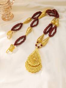 Herseygold 1pc Fashionable Beaded Necklace Pendant, Gold-Plated Jewelry, Algerian Wedding Bridal Long Necklace For Women - Gold - View 3