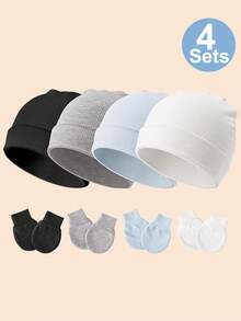 4Sets Newborn Hospital Hat Baby Hat And Anti Scratch Mittens Set For 0-3 Months Newborn Baby Girls Essentials Bonnet Infant Beanie Caps And Gloves Casual Everyday Hat - 彩色 - 查看 7