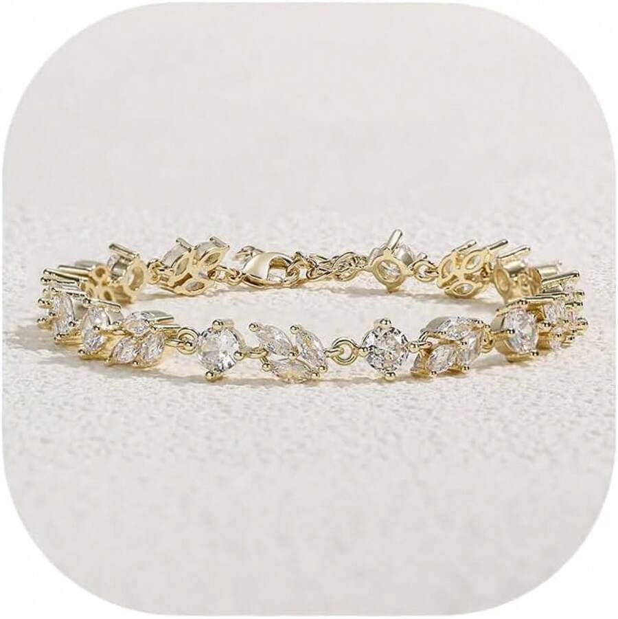 Crysdue Wedding Bridal Link Bracelet Brides Bridesmaids, Marquise Cubic Zirconia Tennis Bracelets Women Prom Jewelry - C_金色 6.69-8.27英寸 - 查看 1