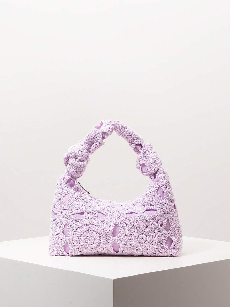 时尚女士手提包，钩针编织套装，度假理想之选，优雅女士包，旅行必备（图案随机） - 紫色 - 查看 1