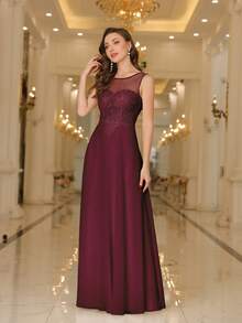 Babyonlinedress Guipure Lace Insert Pearls Beaded Chiffon A-Line Prom Bridesmaid Dresses,Formal Wedding Guest Gown, For Graduation, Homecoming,Dinner - 酒紅色 - 查看 3