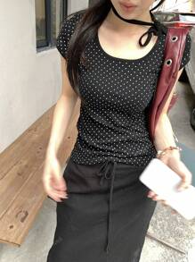 Women's Casual Lace-Up Neck Minimalist Polka Dot Print Slim Fit T-Shirt