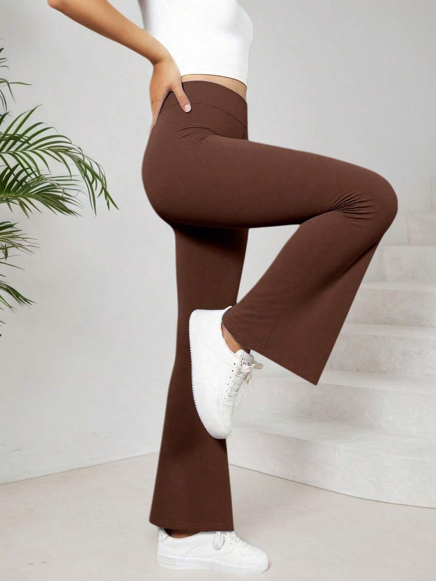 Girls' Solid Color Knitted High Waist Elastic Flared Pants, Casual Sports Yoga, Suitable For Daily Wear, Back To School (YY355)