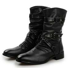 Men`S Steampunk Gothic Rivet Motorcycle PU Faux Leather Cowboy Boots Rock Black Rider Concerts Night Club Halloween Boots With Studs Shoes - 黑色 - 查看 3