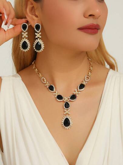 3 peças Conjunto de Joias Elegantes com Gota de Vidro para Mulheres, Incluindo Brincos e Colar, Perfeito para Festas e Ocasiões