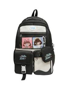 1 新款尼龙材质可爱卡通图案字母刺绣撞色大容量背包，小钱包挂件，多个口袋，可单肩背，时尚有型，日常上学户外旅行百搭款