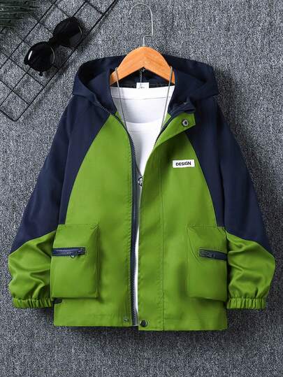 Tween Boy Color Block Long Sleeve Hooded Zipper Jacket Outerwear, Casual Layering Windbreaker, Spring & Autumn