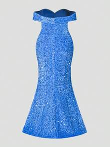 Faeriesty Đầm dạ hội cỡ lớn dành cho nữ, kiểu dáng đuôi cá, hở vai, đính sequin lấp lánh, thanh lịch, xẻ cao - Thích hợp cho các sự kiện thảm đỏ, đám cưới sang trọng, tiệc tùng lộng lẫy và các dịp trang trọng, trang phục nghỉ hè. - Màu xanh lam - Xem 11