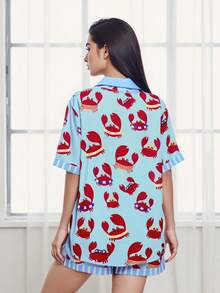 Conjunto de pijama de 2 piezas para mujer con estampado de cangrejo lindo, camisa de manga corta + pantalones cortos de cintura elástica, ropa de estar en casa - Azul - Ver 7