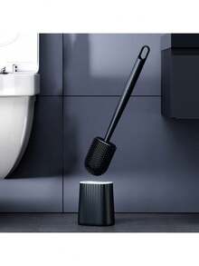 Escova de limpeza doméstica de silicone preta, 1 peça, com cabo longo, removível, respirável, cabeça plana, cerdas macias, secagem rápida, PP