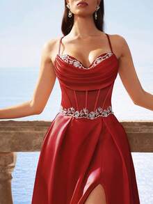 巴洛克风格缎面吊带美人鱼长裙，法式伴娘礼服，返校节礼服，晚礼服，派对礼服 - 酒紅 - 查看 10