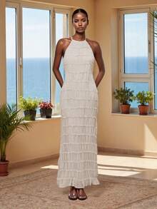 Vestido largo de mujer ajustado con pliegues, sin mangas, espalda descubierta, vestido de unicolor para fiesta y cóctel - Blanco - Ver 7