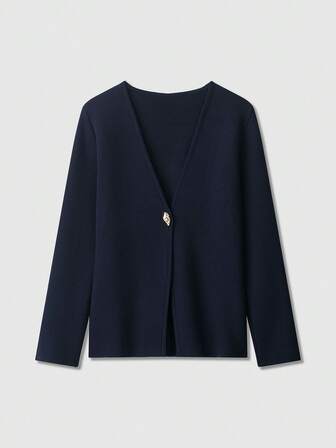 Långärmad enfärgad V-ringad stickad tröja med metallknapp, vår/höst/vinter