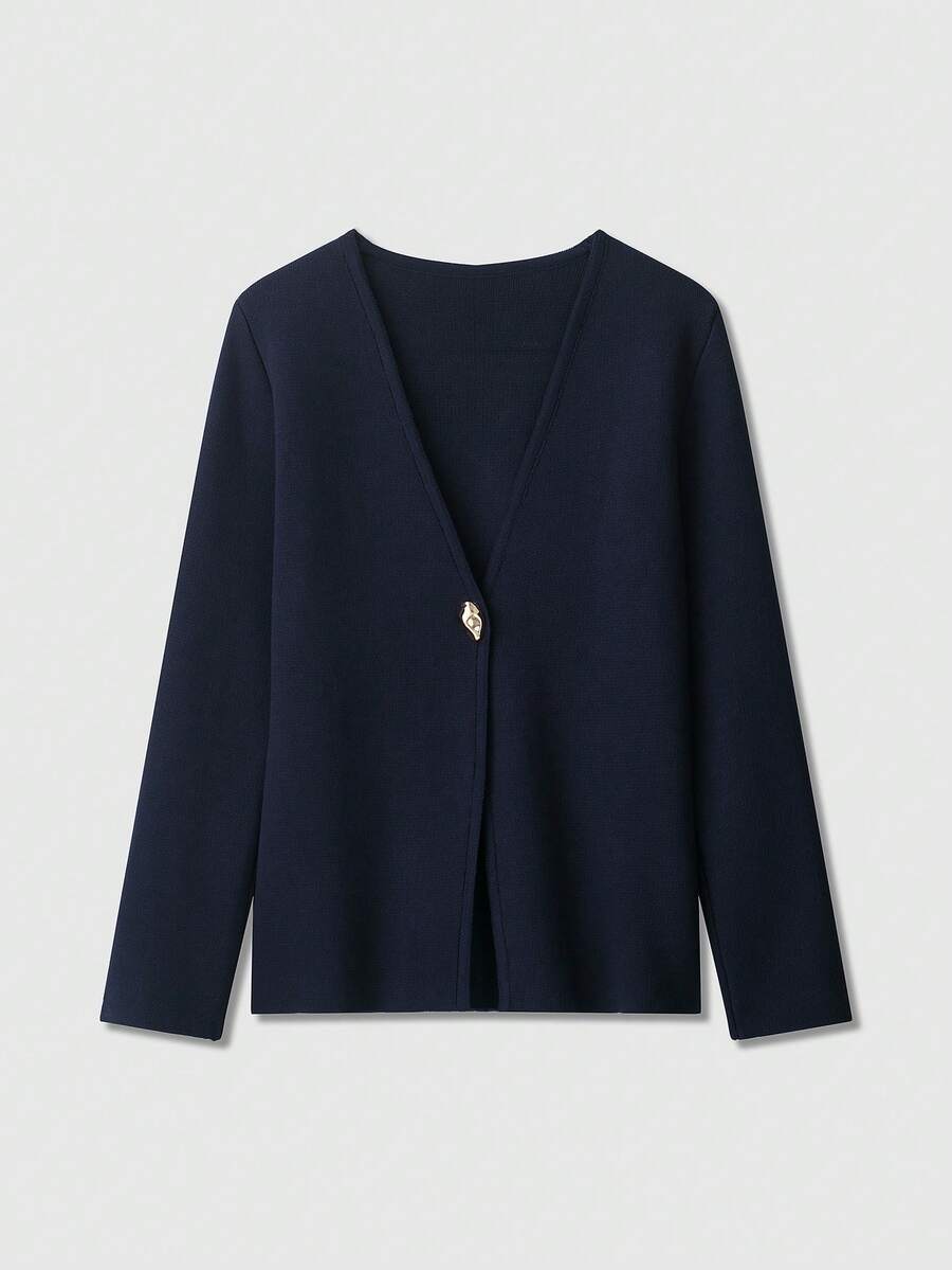 Áo len dệt kim cổ chữ V tay dài màu trơn, cài nút kim loại, mùa xuân/thu/đông - Màu xanh hải quân - Xem 1