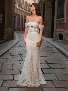 Faeriesty Rochie de seară luxoasă, model sirenă, cu paiete și mărgele, cu umeri goi, model complex de mărgele care se încadrează de la corsaj la rochie, detaliu cu șireturi la spate | Design formal luxos, glamuros | Perfectă pentru nunți, gale, baluri de absolvire și petreceri de seară de lux - Șampanie - Vizualizare 7
