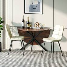 Dining Table And Chairs Set Of 2, Brown Folding Round Dining Table With 2 PU Beige Leather Chairs For Dining Room, Kitchen, Living Room - Wood Grain Table + 2 Beige PU Chairs - View 11