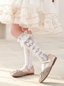 1 双女童蕾丝袜，可爱蝴蝶结和心形装饰中筒网眼袜，透气，洛丽塔风格时尚休闲柔软舒适运动百搭袜子，适合日常生活、旅行、度假、返校 - 白色 - 查看 2
