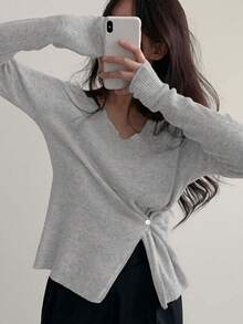 2025春秋时尚前开叉长袖上衣，修身 - 灰色 - 查看 1