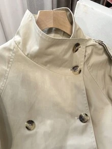 FGGG Double-Breasted Shoulder Strap Women's Khaki Short Trench Coat Autumn Winter Belted Waist British Commuter Style Office Party And Streetwear Women's Jacket