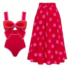 Retro Conservative Swimsuit New Solid Color One-Piece Swimsuit With Bow