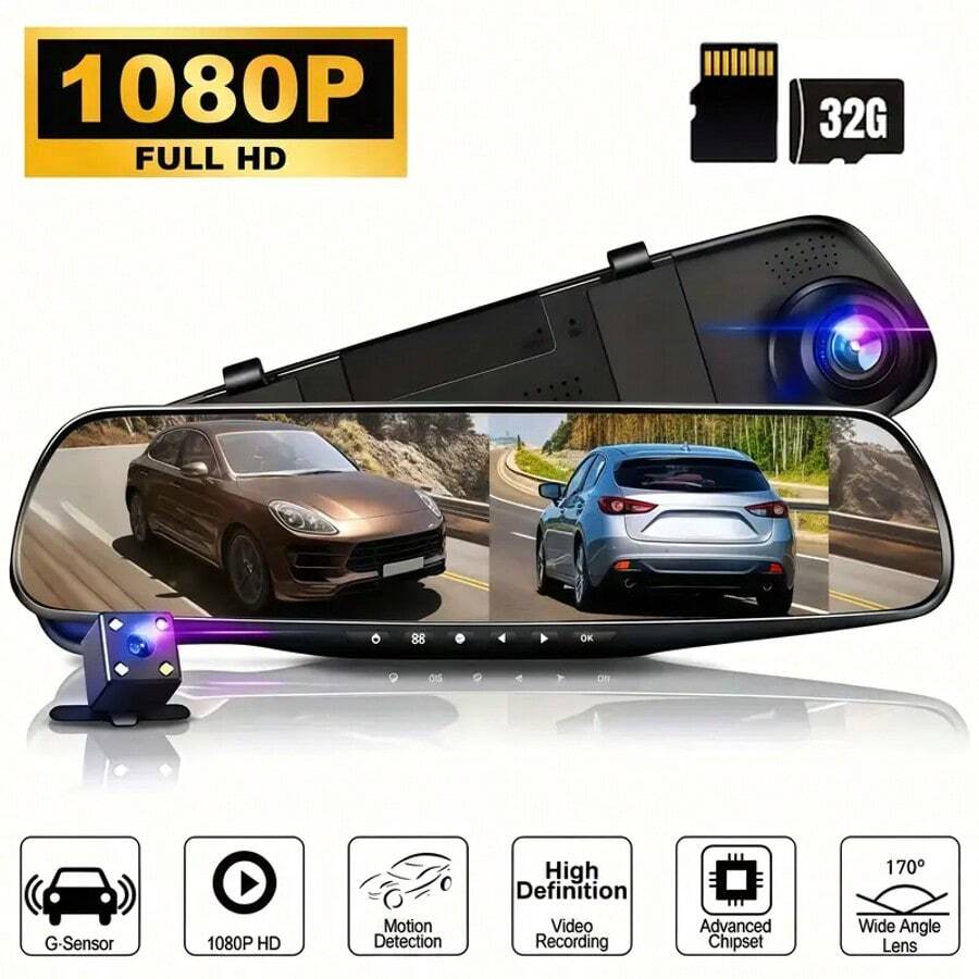 4.5-Inch Flip Mirror Dash Cam With Front And Rear Camera, 1080P Full HD, Super Night Vision, Parking Mode, Motion Detection, Loop Recording, Includes 32GB SD Card-Holiday Gift - Premium model (with 32G card) - 查看 1