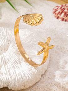 1 pieza Brazalete de acero inoxidable con estrella de mar y concha, elementos marítimos de ultramar, estilo de vacaciones en la playa, apto para uso diario de mujeres