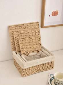 3pcs/2pcs/1pc Woven Storage Basket With Lid, Suitable For Storing Cosmetics, Keys, Snacks, Applicable For Living Room, Hallway, Home Decor, Craft Box, Wedding Gift Basket, Suitable For Back To School Season - Apricot - View 6