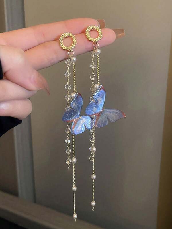 1 Pair Niche Design Elegant Long Tassel & Butterfly Earrings (Random Quantity Of Tassel Pendants & Pearls)